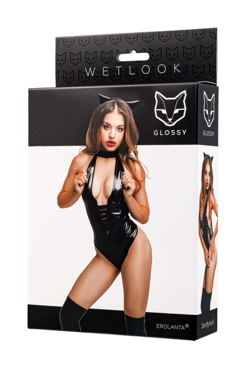 Glossy Kitti,bodysuit and cat ears,wetlook,black,L
