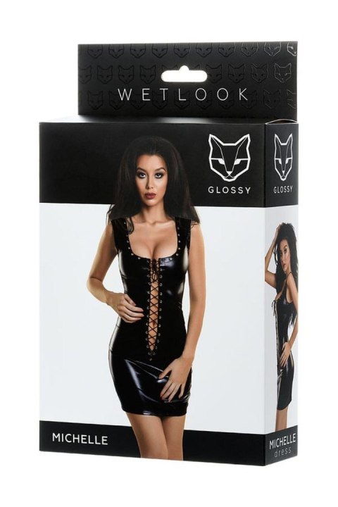 Glossy Shiny Wetlook dress with a lace MICHELLE - black