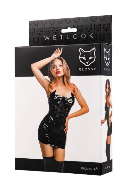 Glossy Mirabell,dress,wetlook,black -